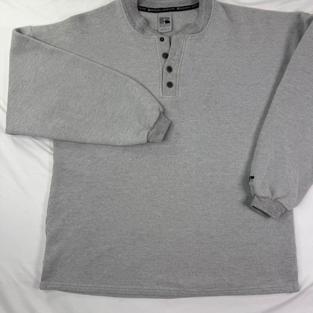 Vintage Russell Athletic Gray Henley Sweatshirt Men's Textured Pullover USA